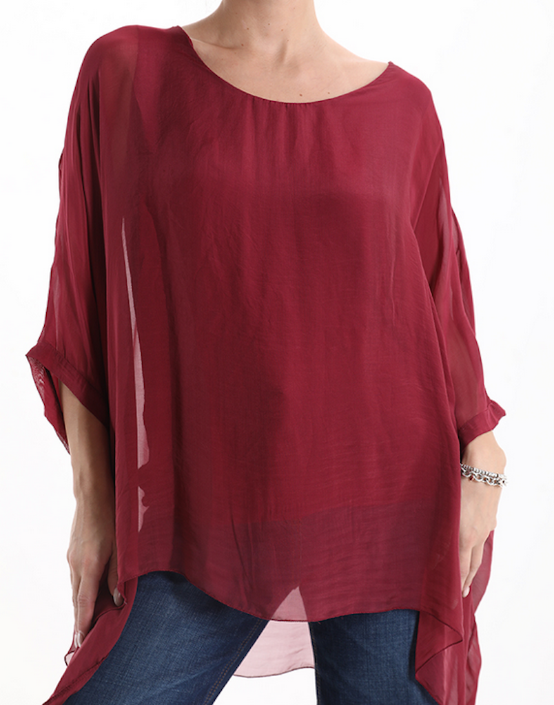 BZNA Seidenbluse Karminrot Tunika Seidentunika Seidenchiffonbluse Fledermaus Ärmel oneSize - B Z N A