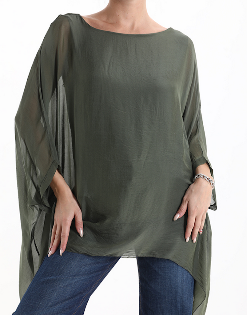 BZNA Seidenbluse Grün Tunika Seidentunika Seidenchiffonbluse Fledermaus Ärmel oneSize - B Z N A