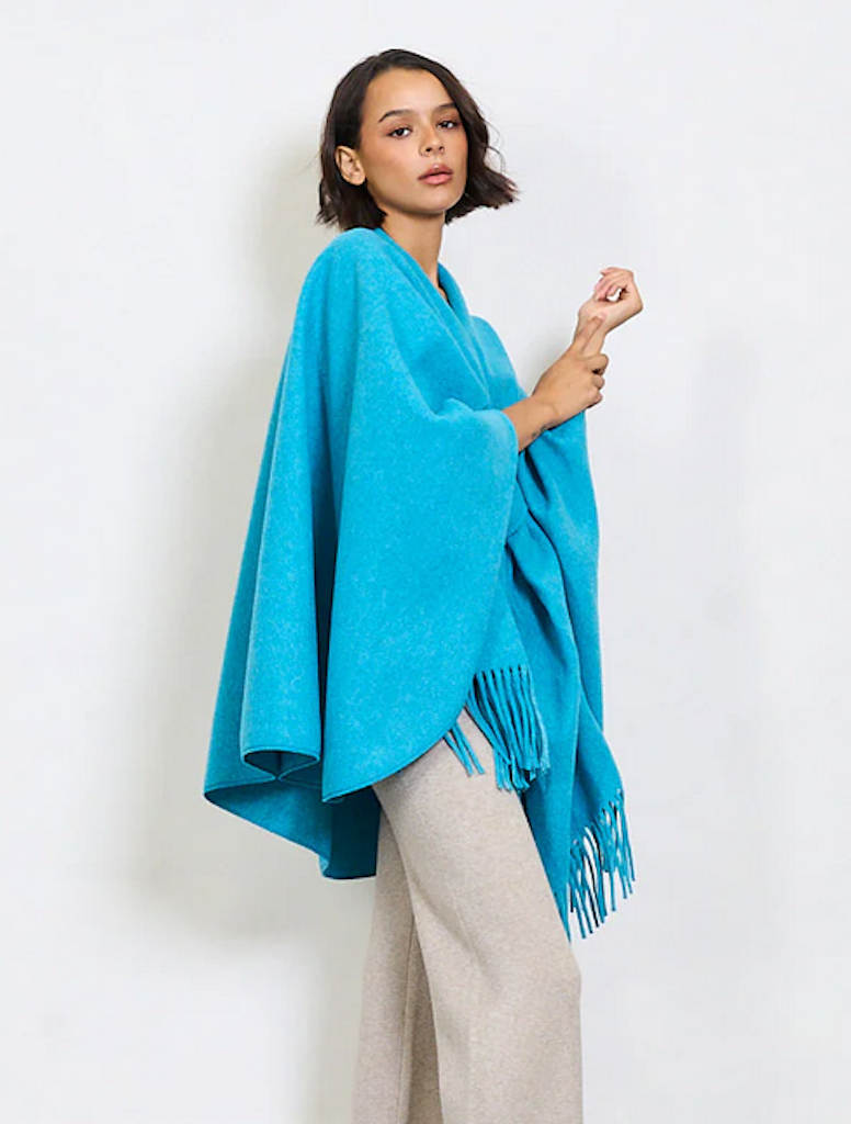 BZNA Strickponcho in Türkis - Wolltuch mit Fransen - Poncho MADE IN ITALY