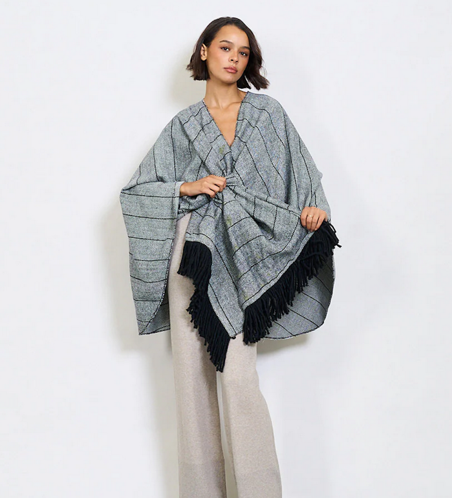 BZNA Strickponcho in Schwarz -Fischgräten- Wolltuch mit Fransen - Poncho MADE IN ITALY