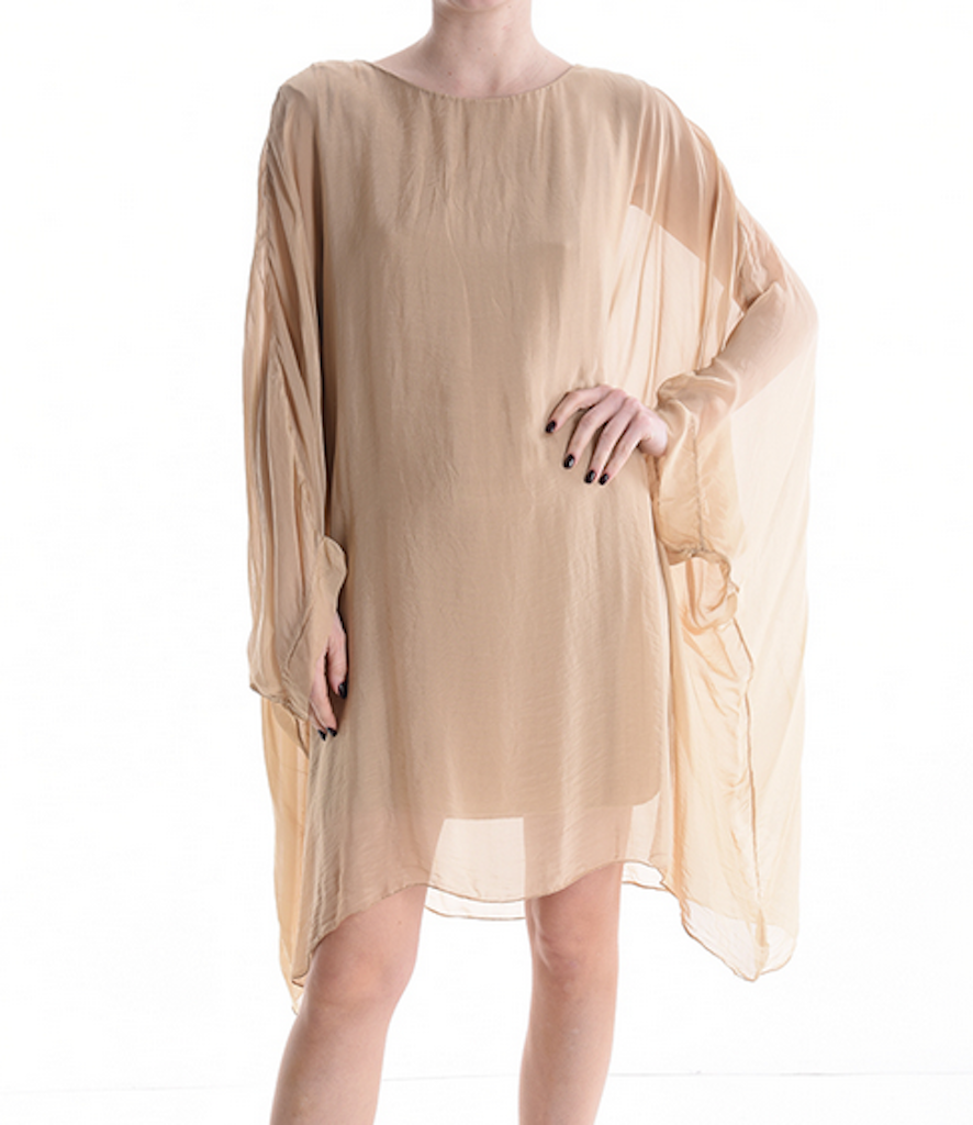 BZNA Seidenbluse Sandbraun Tunika Seidentunika Seidenchiffonbluse Fledermaus Ärmel oneSize - B Z N A