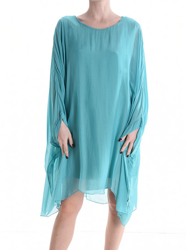 BZNA Seidenbluse Aqua Blau Tunika Seidentunika Seidenchiffonbluse Fledermaus Ärmel oneSize - B Z N A