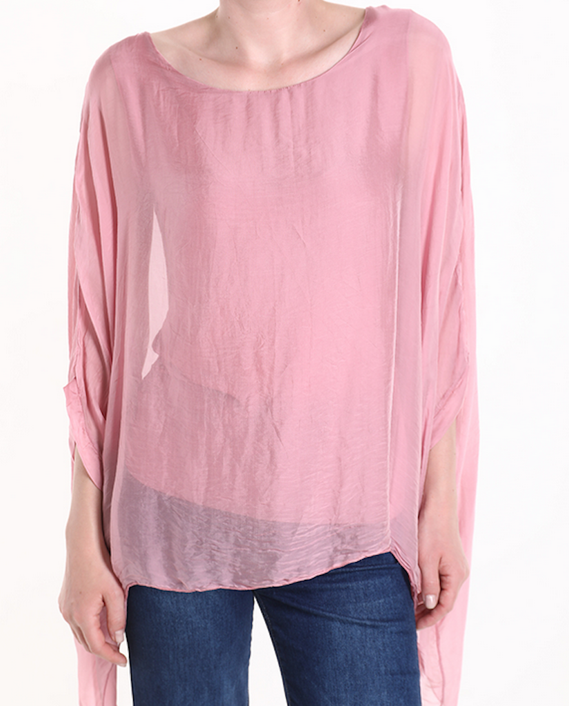 BZNA Seidenbluse Rosa Tunika Seidentunika Seidenchiffonbluse Fledermaus Ärmel oneSize - B Z N A