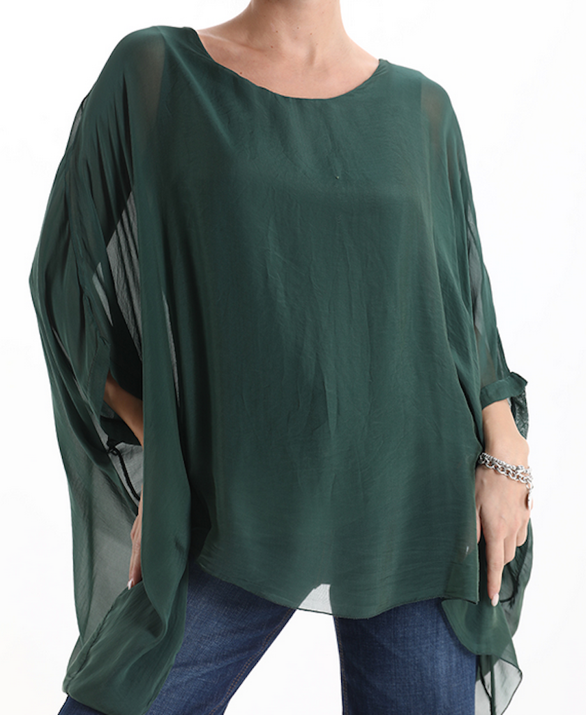 BZNA Seidenbluse Dunkelgrün Tunika Seidentunika Seidenchiffonbluse Fledermaus Ärmel oneSize - B Z N A