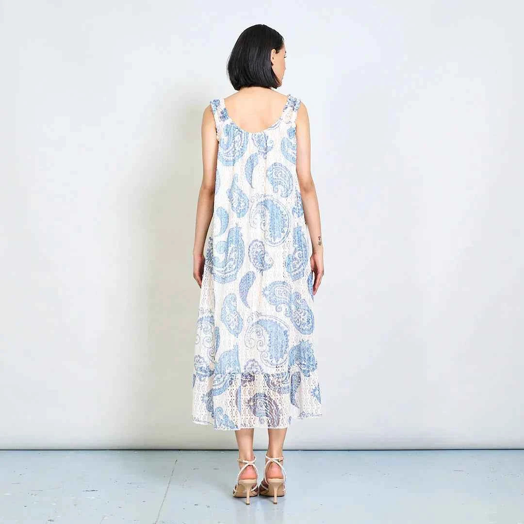 BZNA Sommer Weiß Paisley Textured Smocked Gurt Long Kleid mit geflochtenem Quasten oneSize