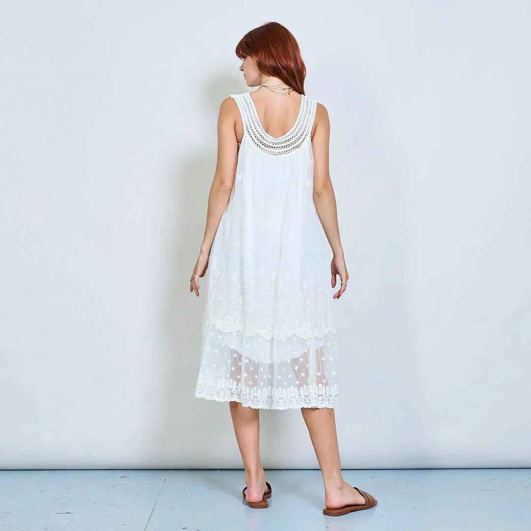 BZNA Sommer Weiß Ärmelloses gesticktes Midi Kleid mit Häkelausschnitt oneSize