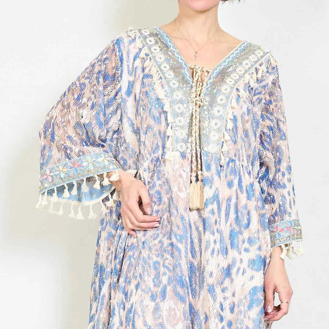 BZNA Sommer Blau Animaldruck Boho Kleid mit Quastendetails oneSize