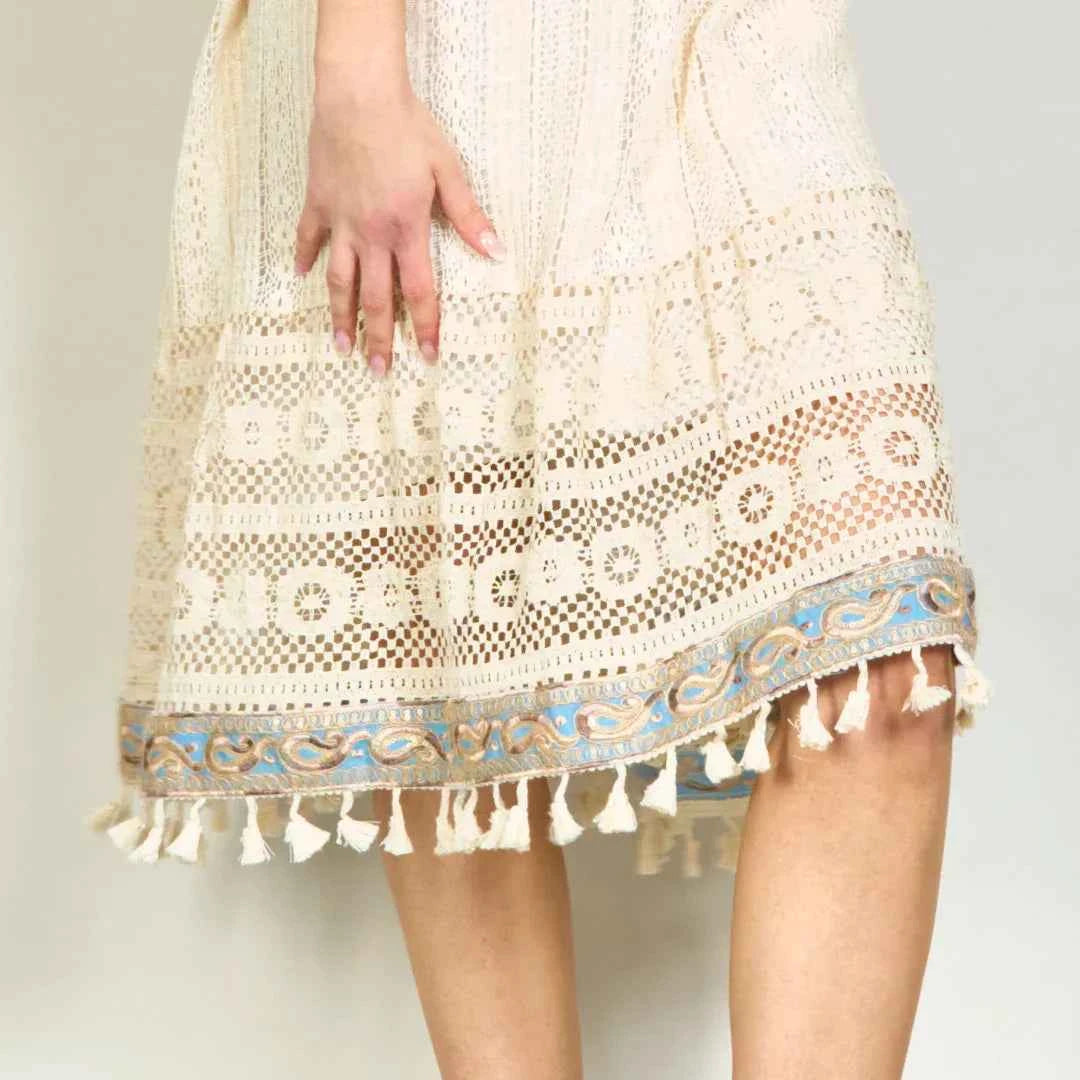 BZNA Sommer Beige Boho Spitzen Tunika Kleid mit Quastendetail oneSize
