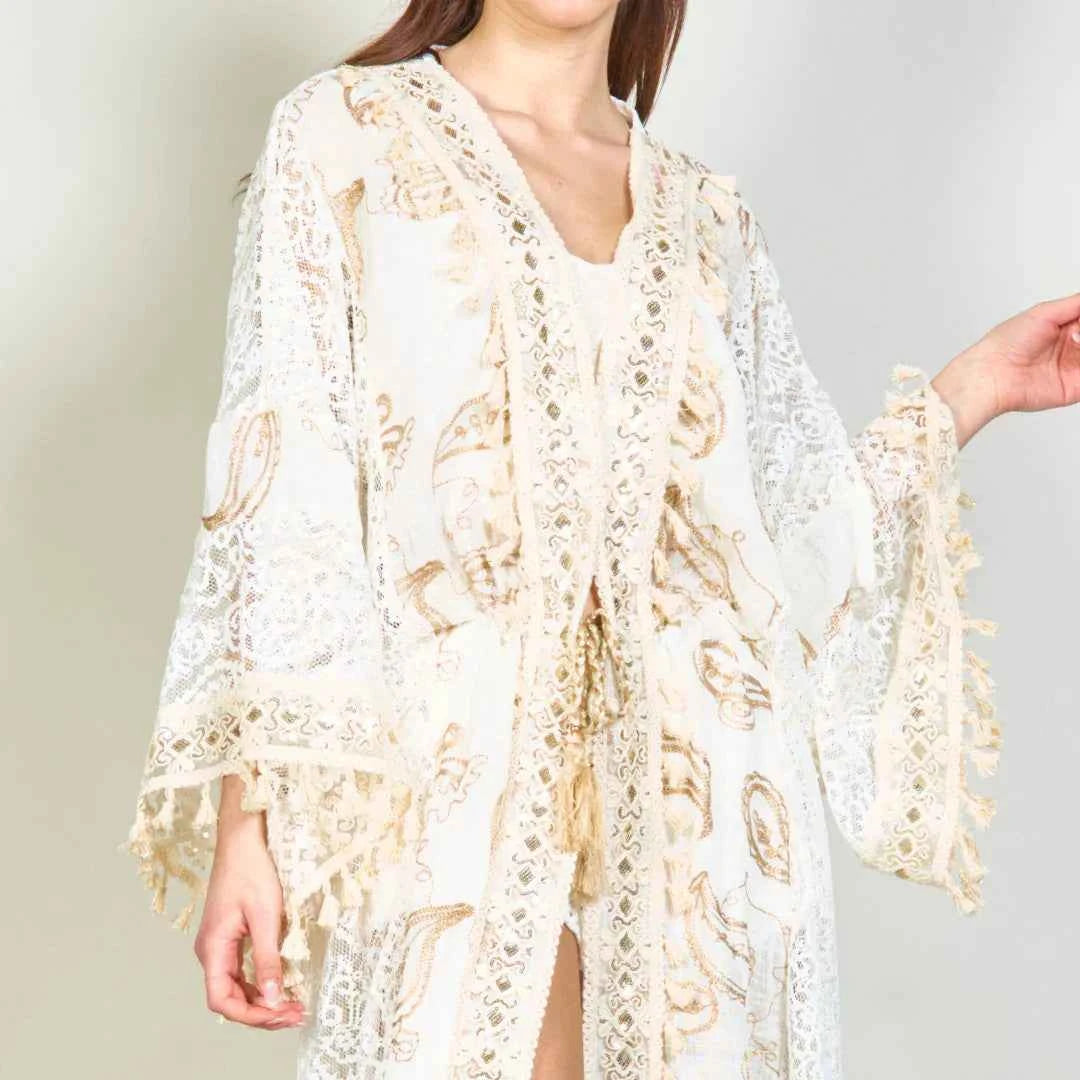BZNA Sommer Weiß Paisley bestickte übergroße Boho Kimono oneSize
