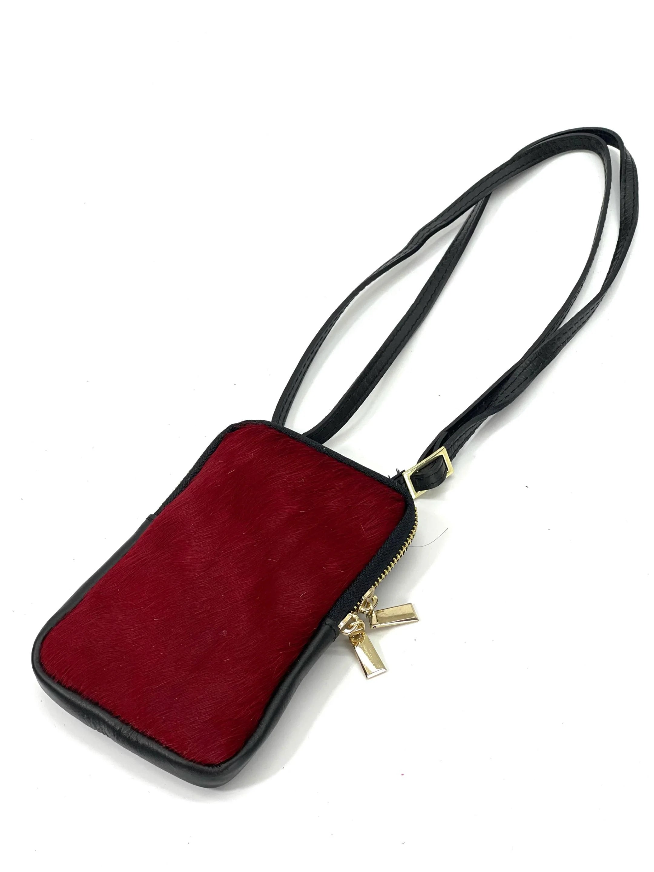 BZNA Bag Mobile Bordeaux Handy Umhängetasche aus Leder Felltasche mit Reißverschluss - B Z N A