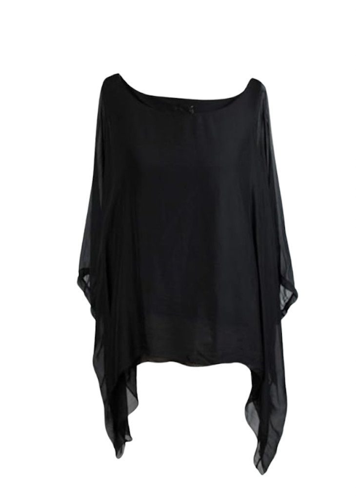 BZNA Seidenbluse Schwarz Tunika Seidentunika Seidenchiffonbluse Fledermaus Ärmel oneSize