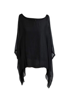 BZNA Seidenbluse Schwarz Tunika Seidentunika Seidenchiffonbluse Fledermaus Ärmel oneSize