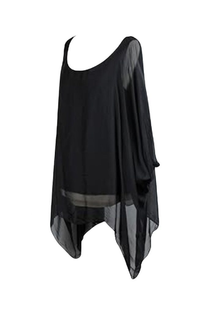 BZNA Seidenbluse Schwarz Tunika Seidentunika Seidenchiffonbluse Fledermaus Ärmel oneSize