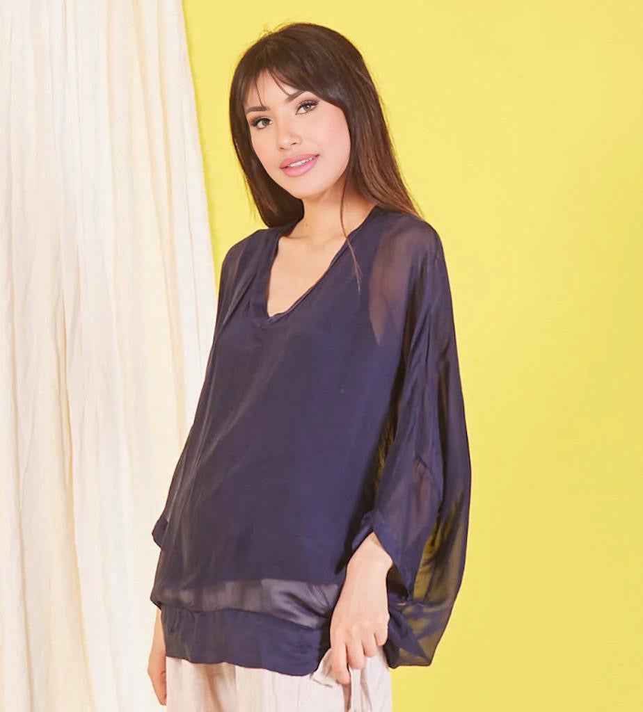 BZNA Seidenbluse Navy Blau Tunika Seidentunika mit V -Ausschnitt Seidenchiffonbluse Fledermaus Ärmel oneSize