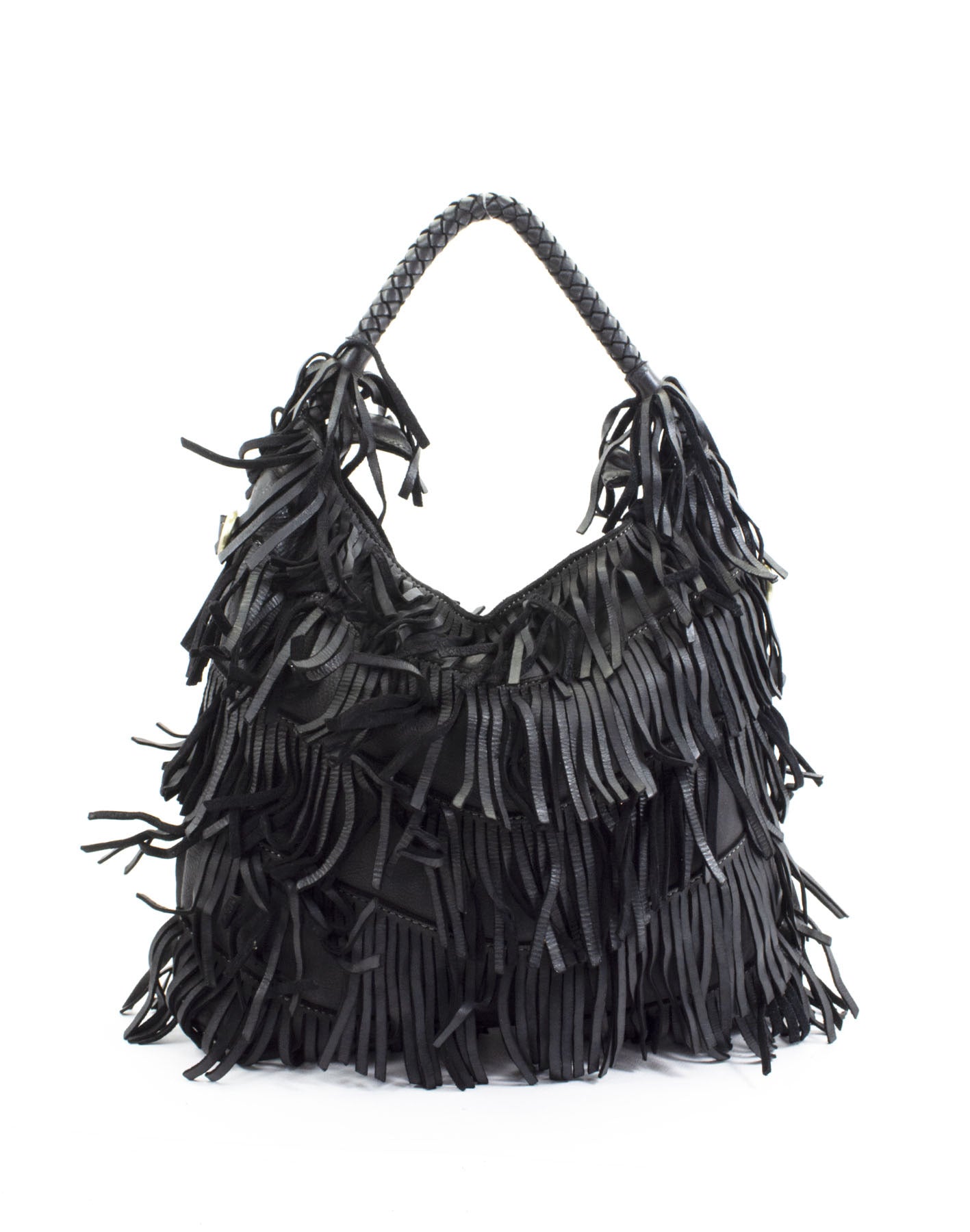 BZNA Bag Franssa Schwarz Fransen  Schultertasche Designer Damen Handtasche Italy - B Z N A