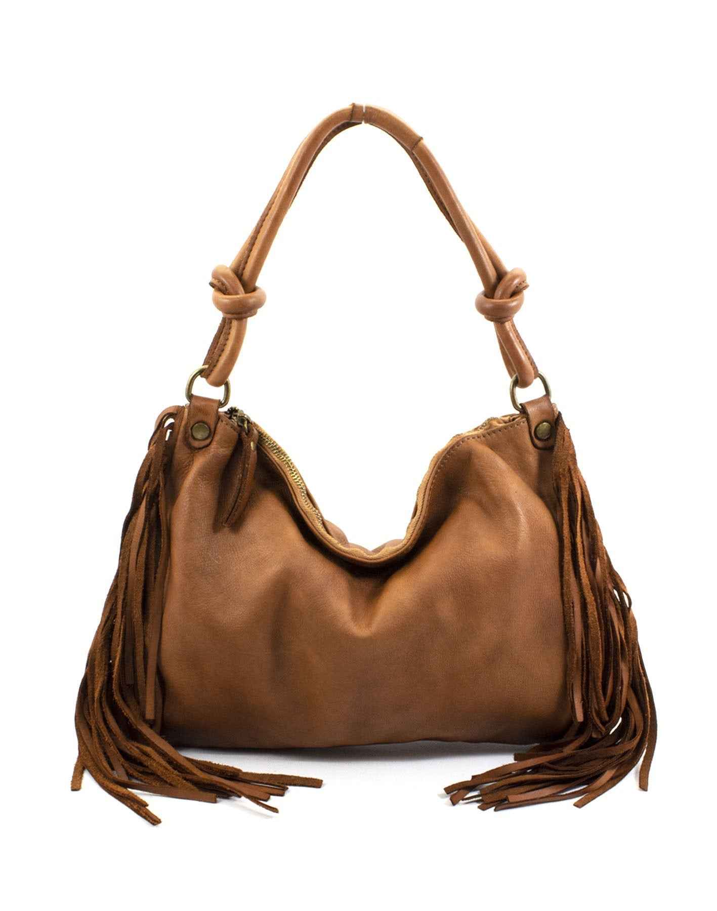 BZNA Bag Natti Cognac Italy Designer Fransen Handtasche Ledertasche Schultertasche Leder Shopper Neu