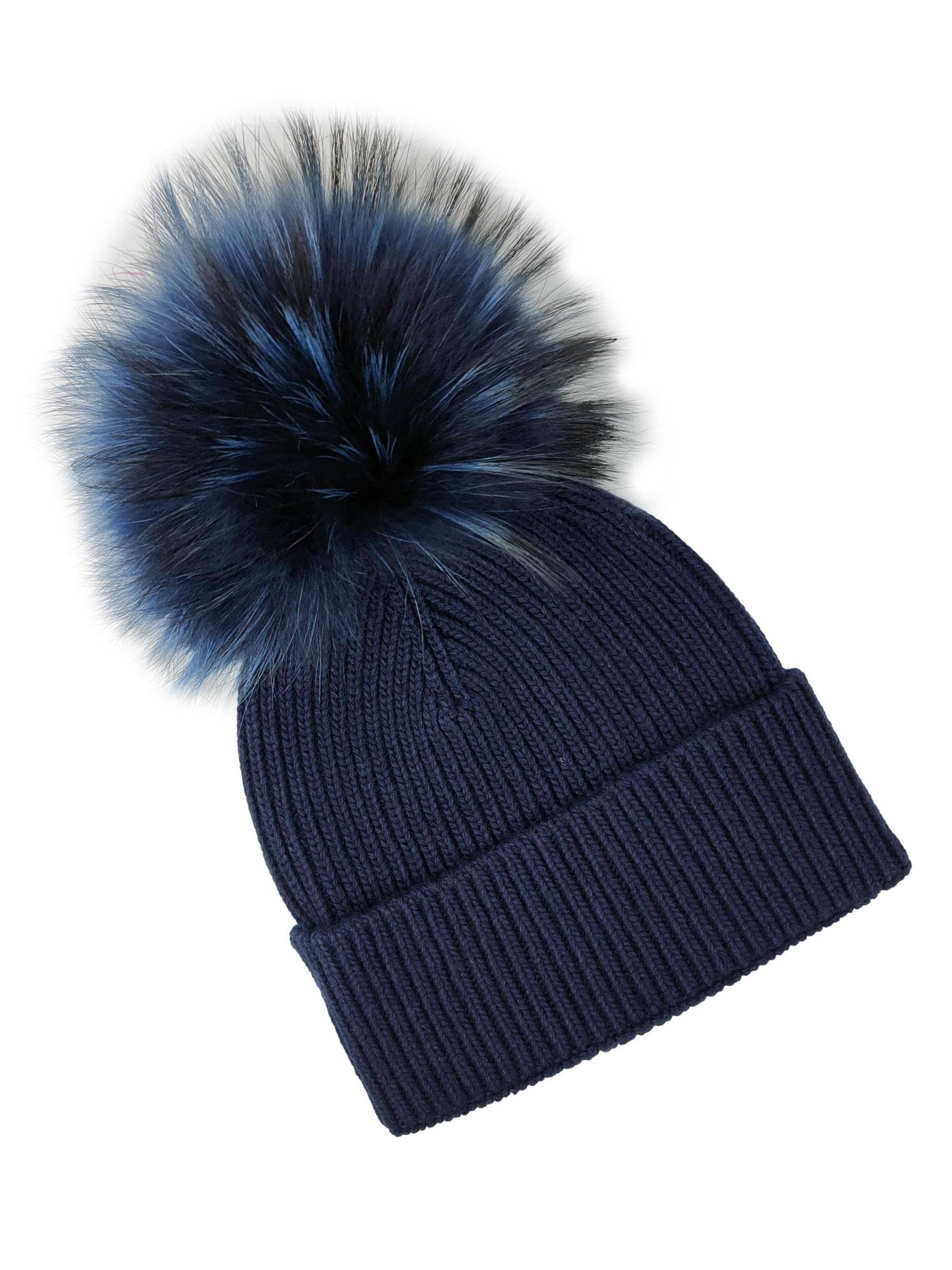 BZNA Cashmere Bommel Echtfell Strickmütze Wollmütze mit 10 % Kashmir - Mischung Rippstrickmütze