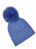Lade das Bild in den Galerie-Viewer, BZNA Cashmere Bommel Echtfell Strickmütze Wollmütze mit 10 % Kashmir - Mischung Rippstrickmütze

