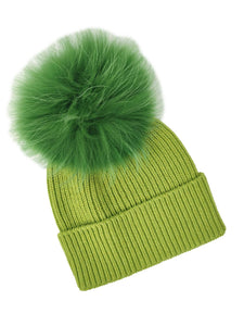 BZNA Cashmere Bommel Echtfell Strickmütze Wollmütze mit 10 % Kashmir - Mischung Rippstrickmütze