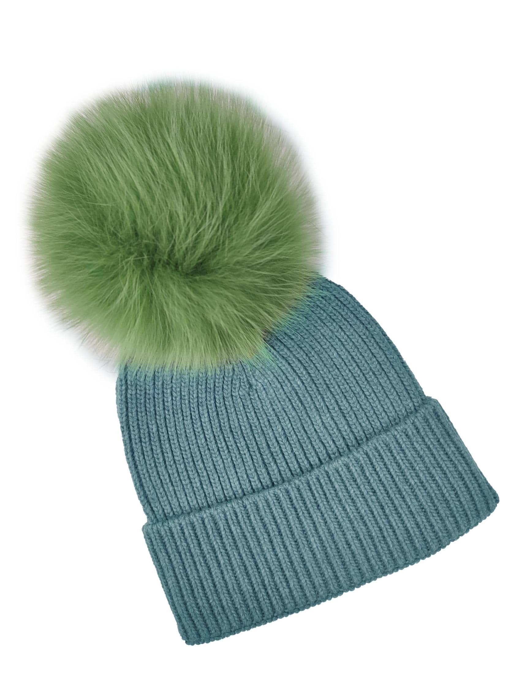 BZNA Cashmere Bommel Echtfell Strickmütze Wollmütze mit 10 % Kashmir - Mischung Rippstrickmütze