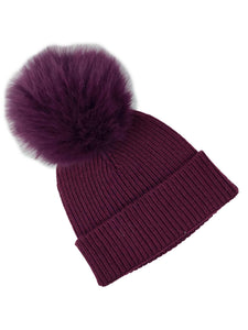 BZNA Cashmere Bommel Echtfell Strickmütze Wollmütze mit 10 % Kashmir - Mischung Rippstrickmütze