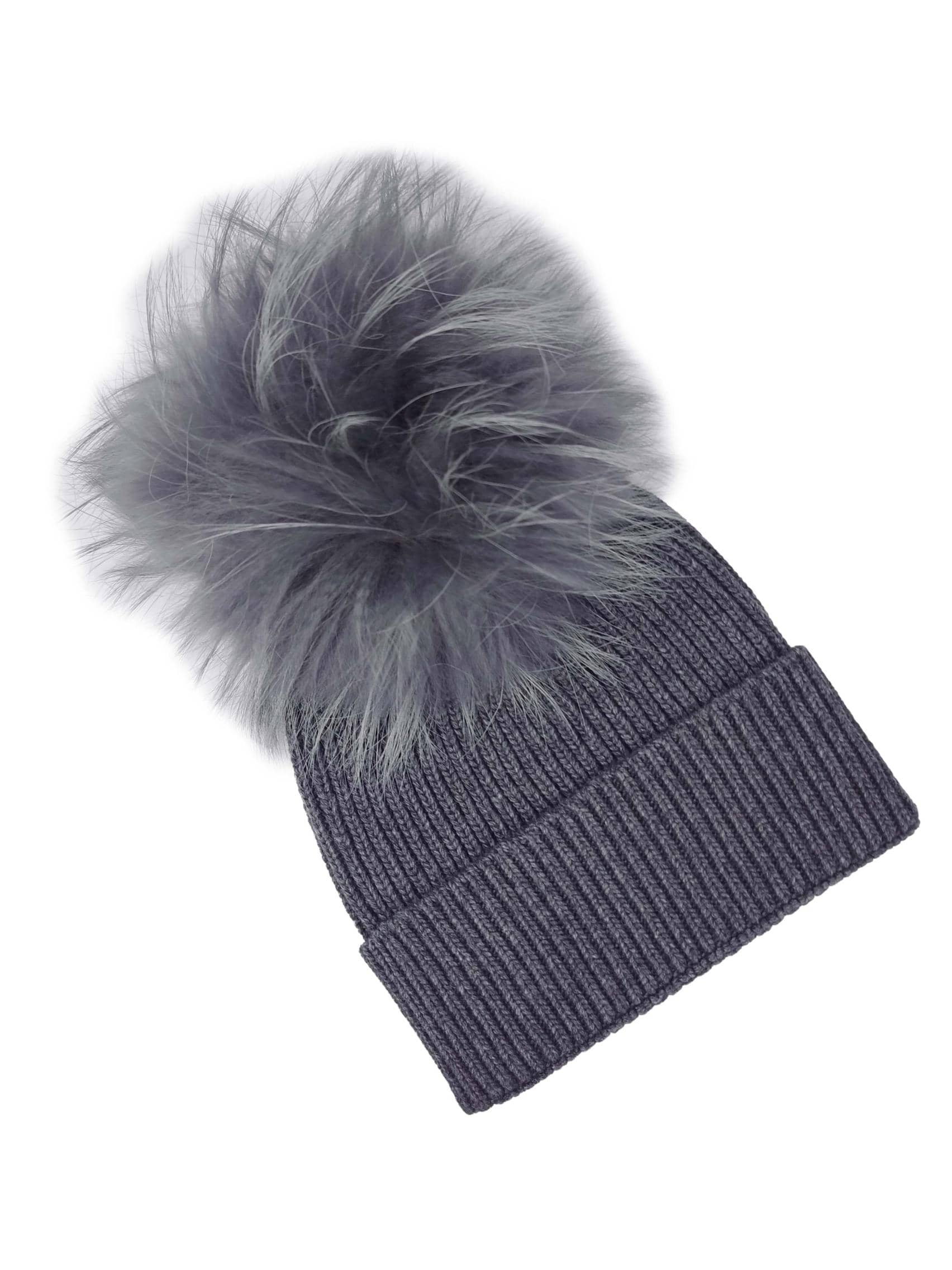 BZNA Cashmere Bommel Echtfell Strickmütze Wollmütze mit 10 % Kashmir - Mischung Rippstrickmütze