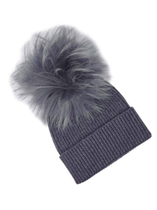 BZNA Cashmere Bommel Echtfell Strickmütze Wollmütze mit 10 % Kashmir - Mischung Rippstrickmütze