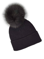 Lade das Bild in den Galerie-Viewer, BZNA Cashmere Bommel Echtfell Strickmütze Wollmütze mit 10 % Kashmir - Mischung Rippstrickmütze
