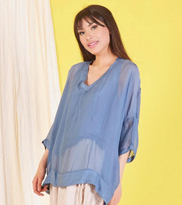 BZNA Seidenbluse Mittelblau Tunika Seidentunika mit V -Ausschnitt Seidenchiffonbluse Fledermaus Ärmel oneSize