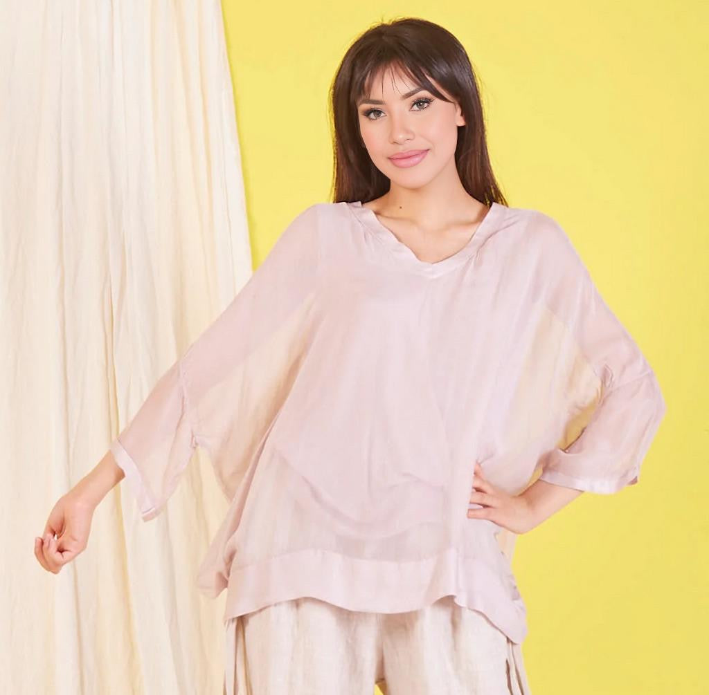 BZNA Seidenbluse Rose Tunika Seidentunika mit V -Ausschnitt Seidenchiffonbluse Fledermaus Ärmel oneSize
