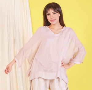 BZNA Seidenbluse Rose Tunika Seidentunika mit V -Ausschnitt Seidenchiffonbluse Fledermaus Ärmel oneSize
