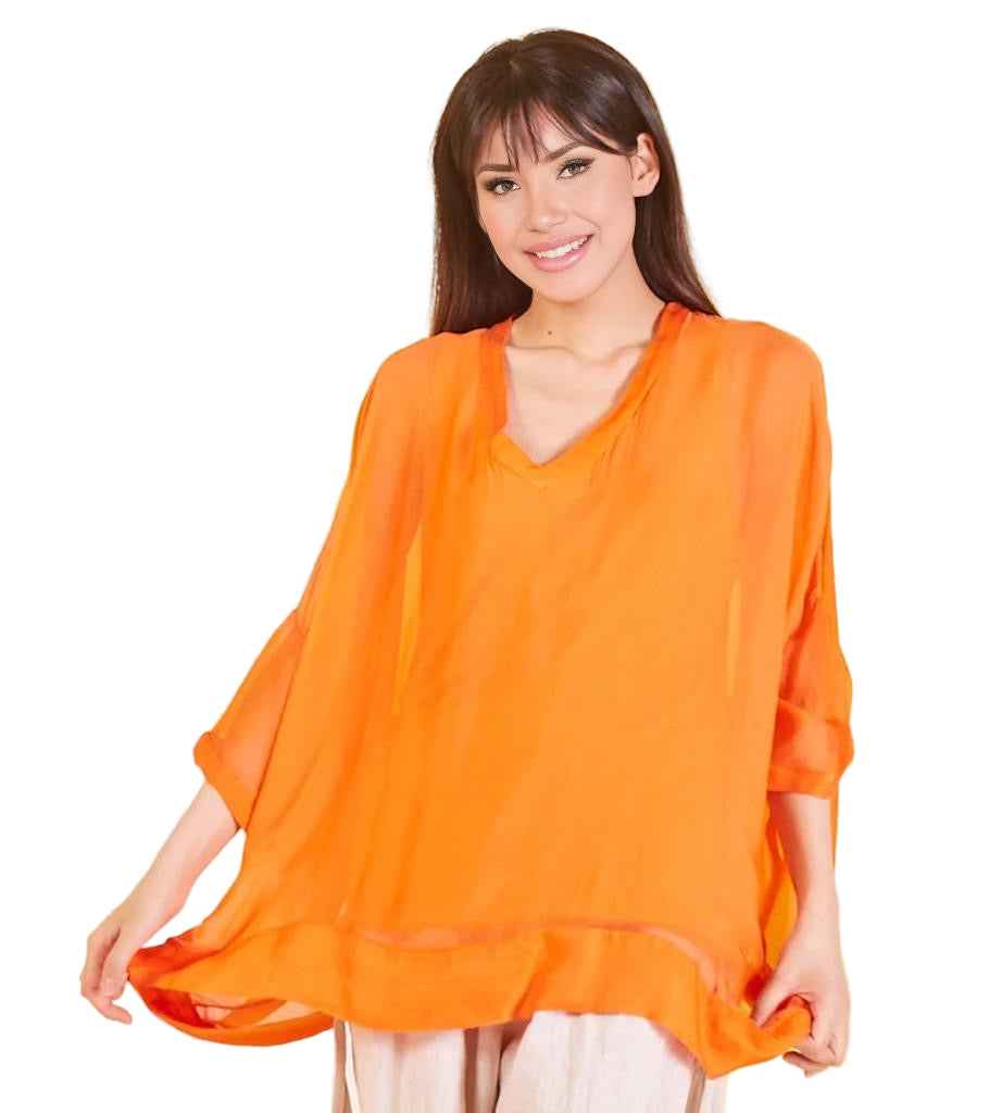 BZNA Seidenbluse Orange Tunika Seidentunika mit V -Ausschnitt Seidenchiffonbluse Fledermaus Ärmel oneSize