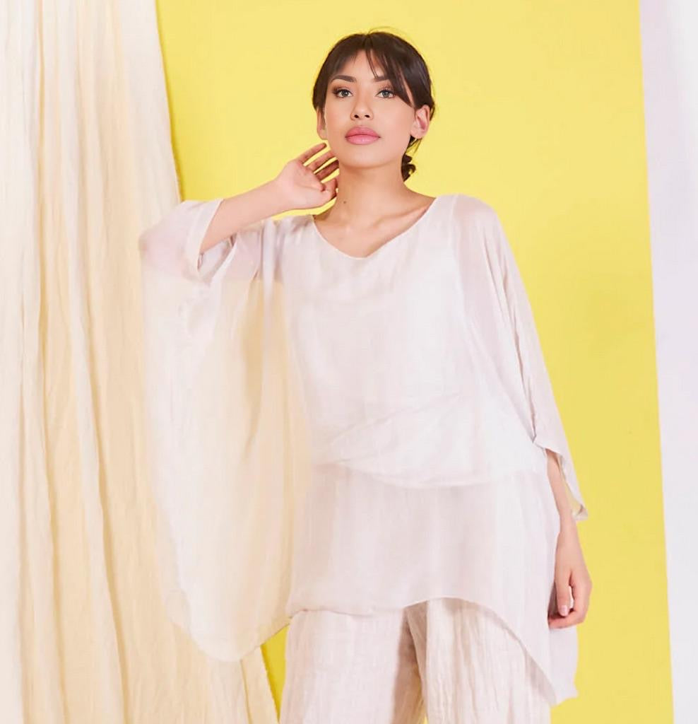 BZNA Seidenbluse Weiß White Tunika Seidentunika Seidenchiffonbluse Fledermaus Ärmel oneSize