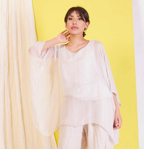 BZNA Seidenbluse Weiß White Tunika Seidentunika Seidenchiffonbluse Fledermaus Ärmel oneSize