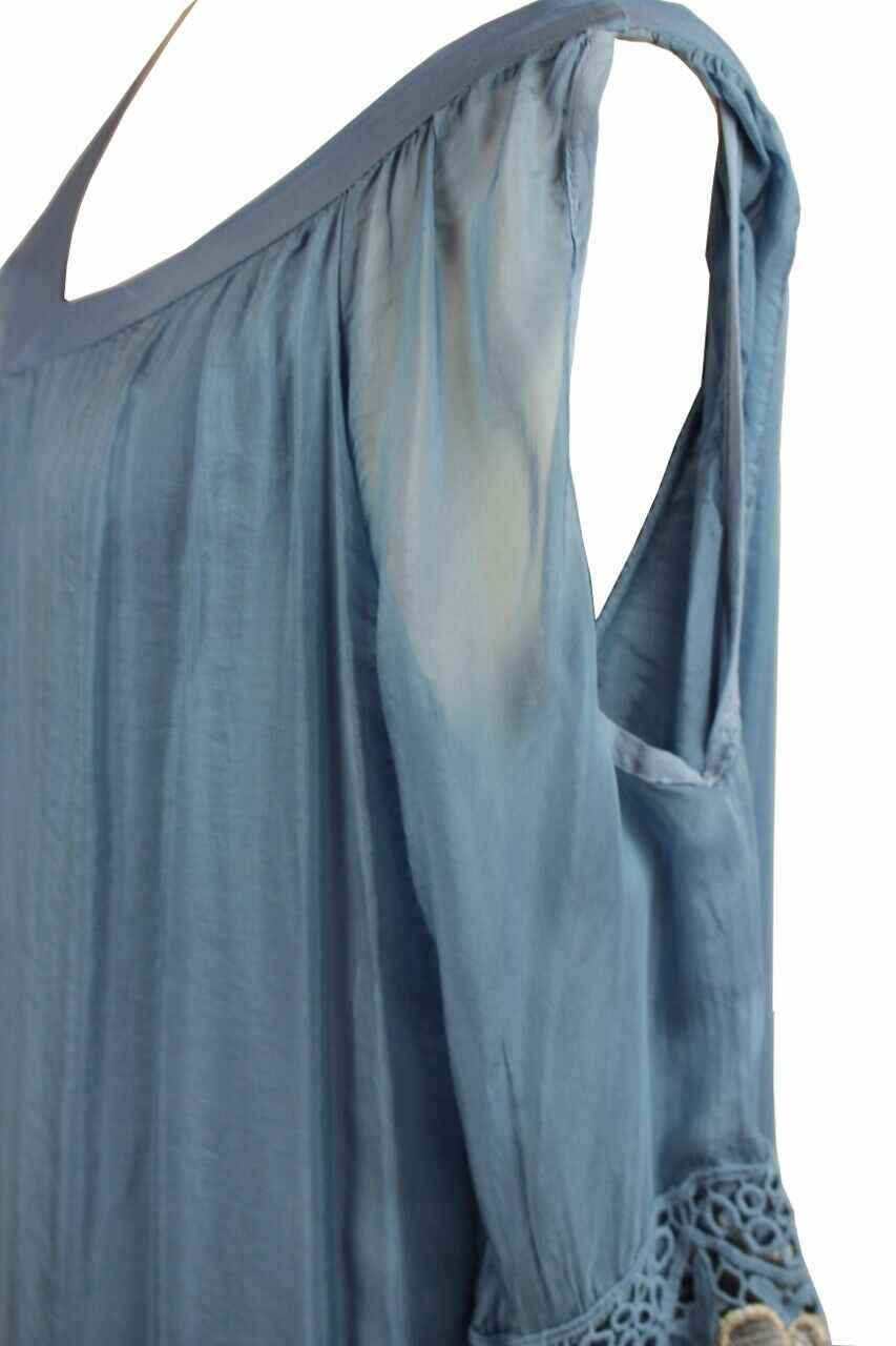 BZNA Ibiza Empire Dress Blau Sommer Kleid Seidenkleid Damen Seide Silk Häckel
