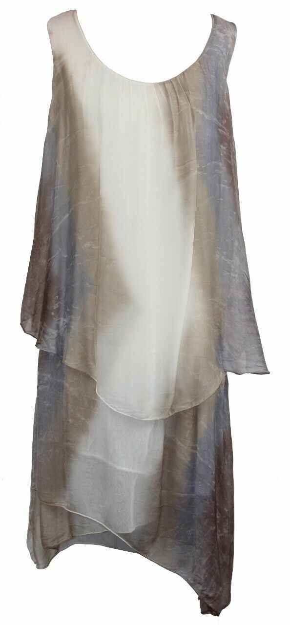 BZNA Ibiza Empire Batik Dress Taupe Sommer Lagenkleid Seidenkleid Damen Seide