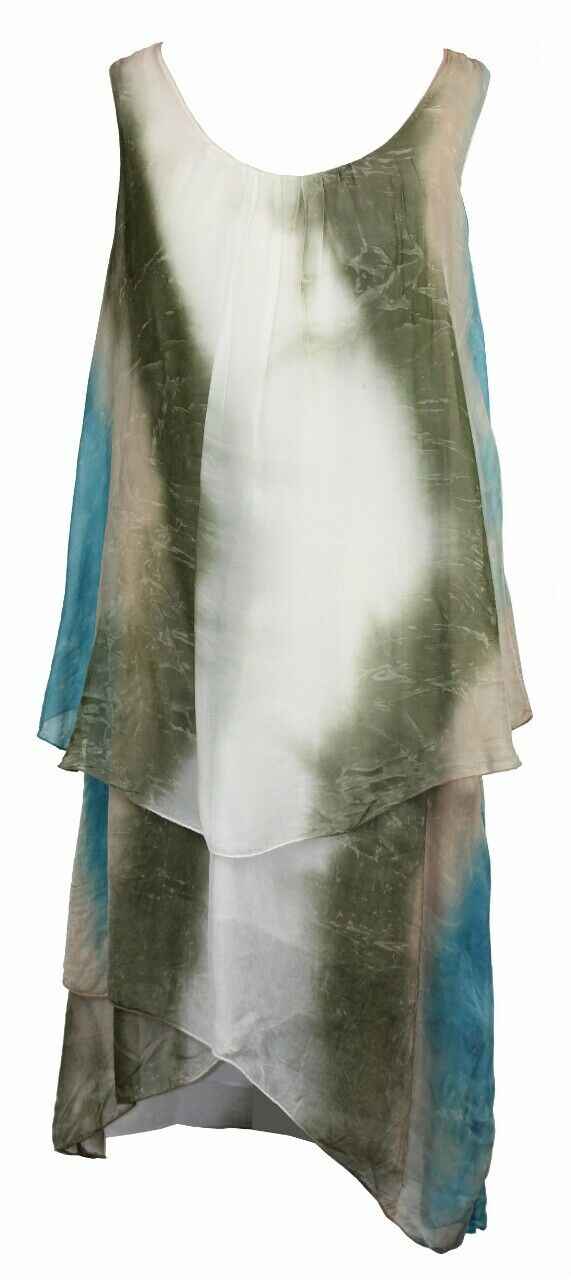 BZNA Ibiza Empire Batik Dress Grün Sommer Lagenkleid Seidenkleid Damen Seide