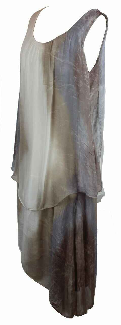 BZNA Ibiza Empire Batik Dress Taupe Sommer Lagenkleid Seidenkleid Damen Seide