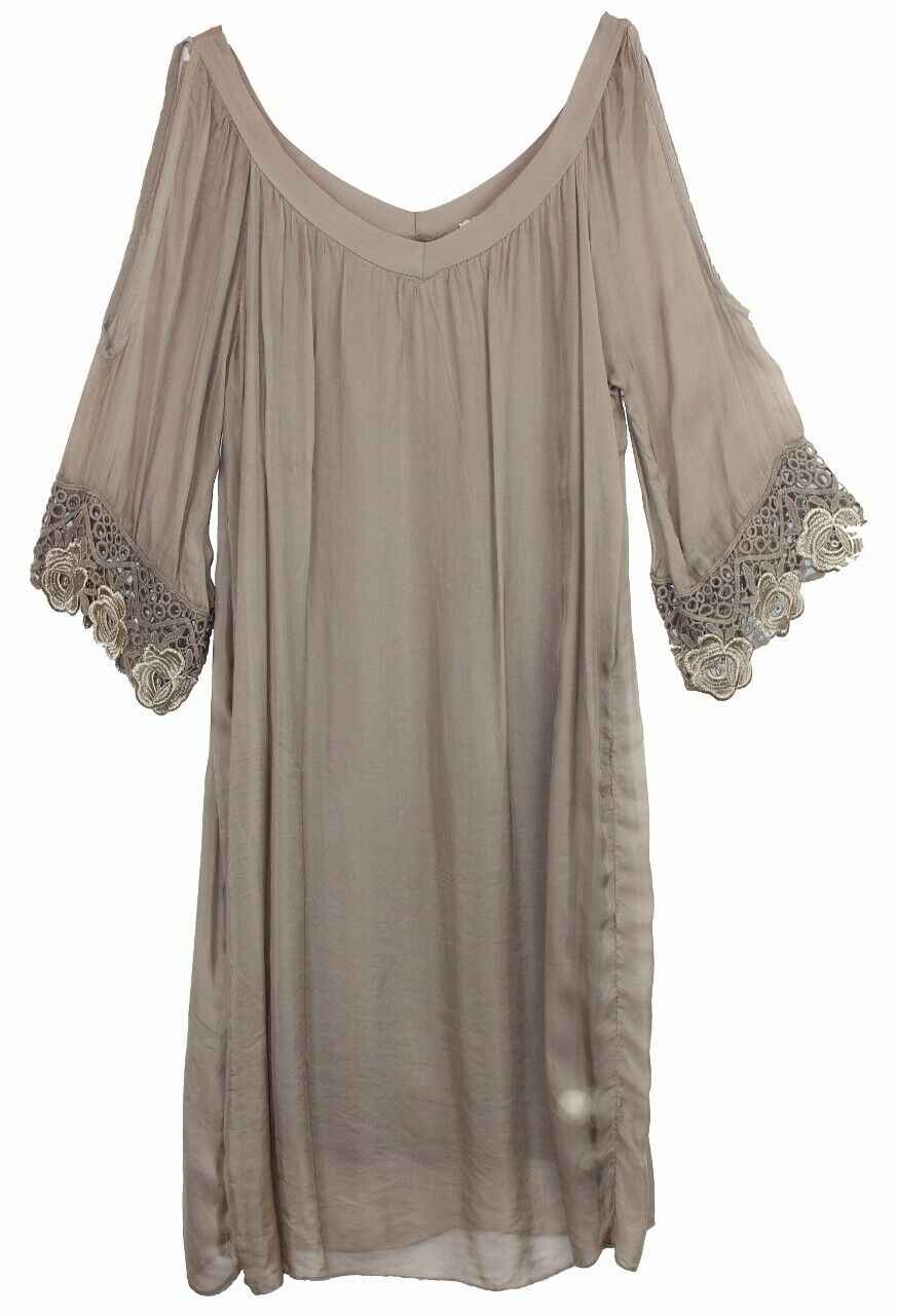 BZNA Ibiza Empire Dress Taupe Sommer Kleid Seidenkleid Damen Seide Silk Häckel