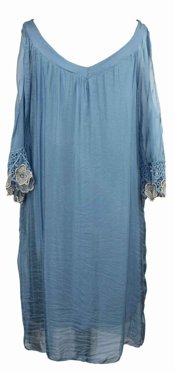 BZNA Ibiza Empire Dress Blau Sommer Kleid Seidenkleid Damen Seide Silk Häckel