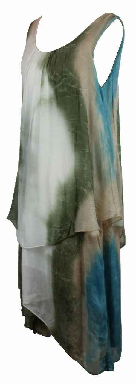 BZNA Ibiza Empire Batik Dress Grün Sommer Lagenkleid Seidenkleid Damen Seide