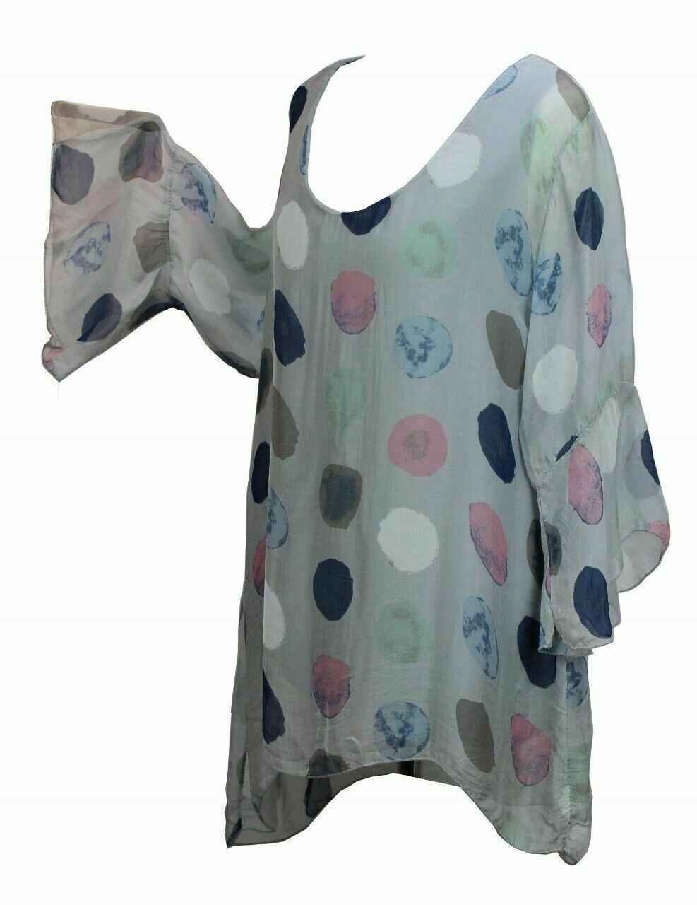 BZNA Seide Tunika Grau Bluse Punkte Seidentunika Trompeten Ärmel 36 38 40 42