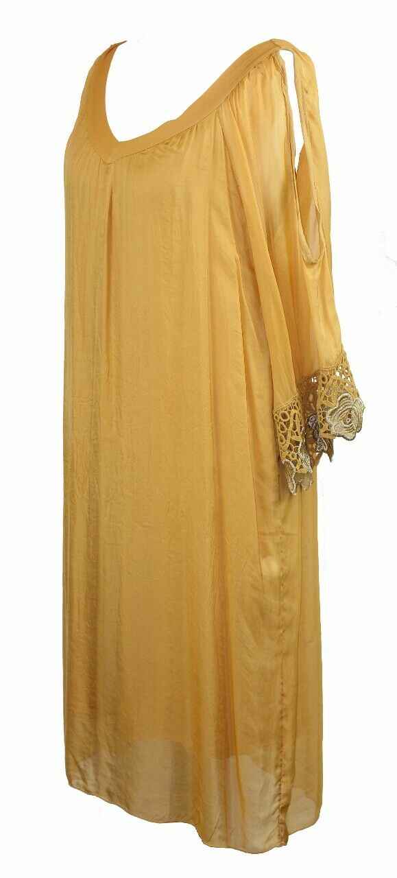 BZNA Ibiza Empire Dress Gelb Sommer Kleid Seidenkleid Damen Seide Silk Häkel