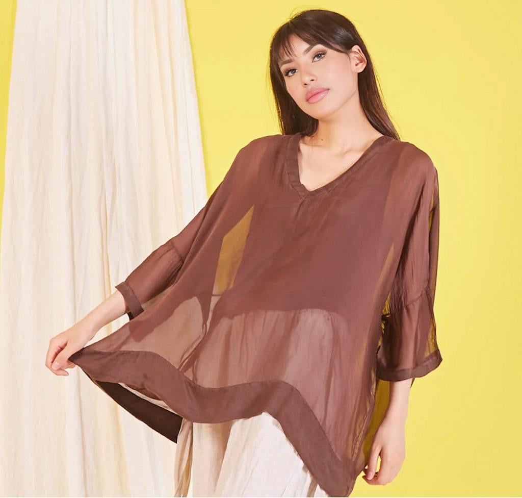 BZNA Seidenbluse Coffee Tunika Seidentunika mit V -Ausschnitt Seidenchiffonbluse Fledermaus Ärmel oneSize