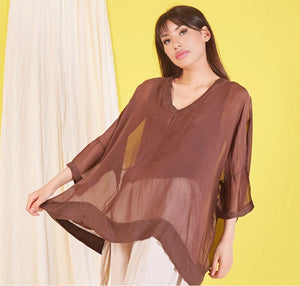 BZNA Seidenbluse Coffee Tunika Seidentunika mit V -Ausschnitt Seidenchiffonbluse Fledermaus Ärmel oneSize