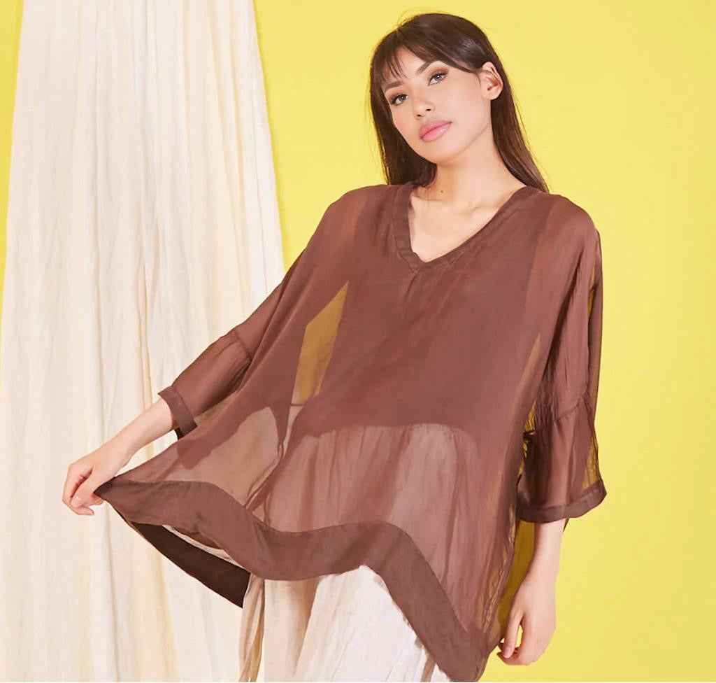 BZNA Seidenbluse Coffee Tunika Seidentunika mit V -Ausschnitt Seidenchiffonbluse Fledermaus Ärmel oneSize