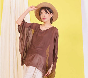 BZNA Seidenbluse Coffee Tunika Seidentunika Seidenchiffonbluse Fledermaus Ärmel oneSize