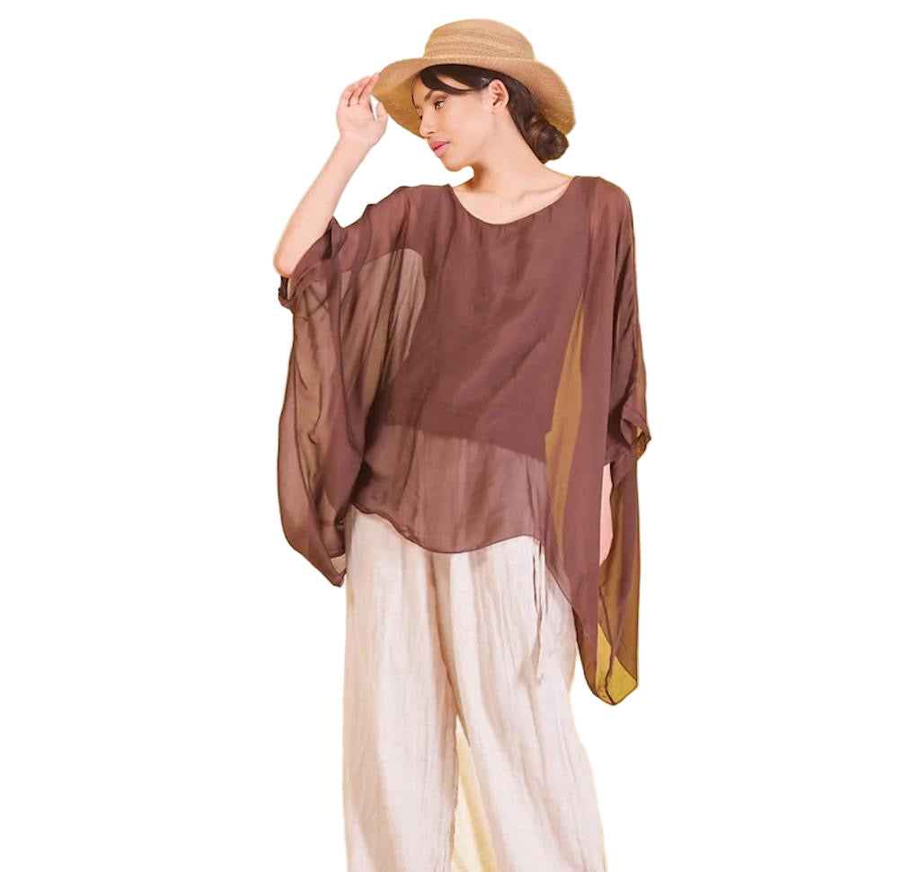 BZNA Seidenbluse Coffee Tunika Seidentunika Seidenchiffonbluse Fledermaus Ärmel oneSize