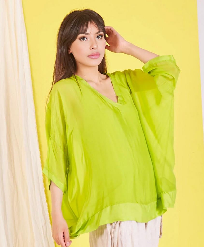 BZNA Seidenbluse Lime Tunika Seidentunika mit V -Ausschnitt Seidenchiffonbluse Fledermaus Ärmel oneSize