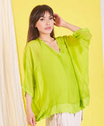 Lade das Bild in den Galerie-Viewer, BZNA Seidenbluse Lime Tunika Seidentunika mit V -Ausschnitt Seidenchiffonbluse Fledermaus Ärmel oneSize
